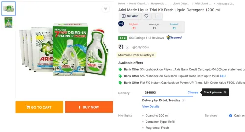 Image of Ariel Matic Liquid Trial Kit Fresh Liquid Detergent (200 ml)