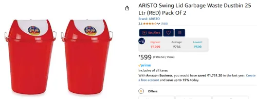 Image of ARISTO Swing Lid Garbage Waste Dustbin 25 Ltr (RED) Pack Of 2