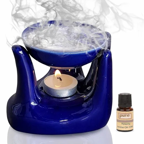 Image of Pure Source India Ceramic Hand Type Aroma Diffuser Oil Burner with Relaxing Oil 10ml (Blue)