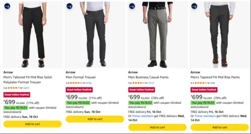 Image of Arrow Men's Trousers at minimum 70% Discount