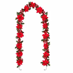 Artificial Christmas Garland with Red Poinsettia Flowers & Berries