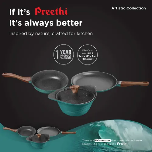 Image of Artistic Die Cast Non Stick Set 27cm Tawa,24cm Fry Pan,Kadai 24cm With Glass Lid Non-Stick Coated Cookware Set (Aluminiu