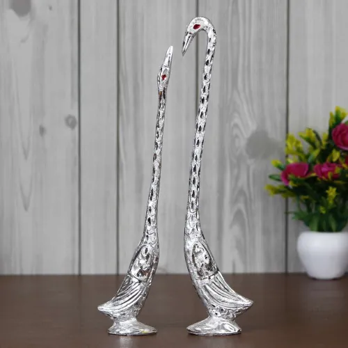 Image of Artisyn Silver Handcrafted Kissing Swan Couple Statues Love Birds Figurines Decorative Showpiece - 33 cm (Aluminium, S