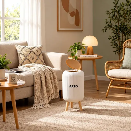 Image of Arto Premium Nordic Decorative Dustbin with Wooden Stand