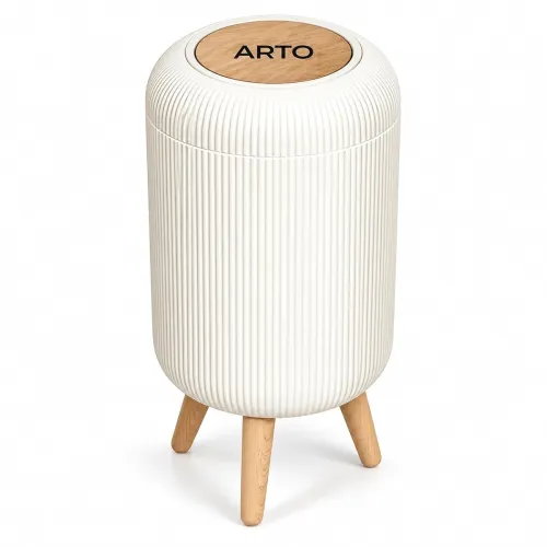 Image of Arto Premium Nordic Decorative Dustbin with Wooden Stand | Stylish Modern Trash Bin with Removable Inner Bucket 