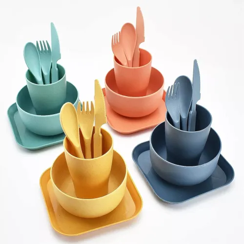 Image of ARURA (LABEL) 6 PCs Wheat Straw Dinnerware Sets with Dinner Plate, Cup, Bowl, Cutlery Set Reusable Plate, Dish Sets Unbr