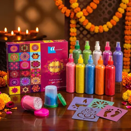 Image of Ascension 10 Rangoli Powder Colors Bottles 4 Stencils and 2 Fillers Design