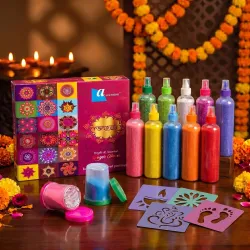 Ascension 10 Rangoli Powder Colors Bottles 4 Stencils and 2 Fillers Design