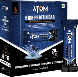 AS-IT-IS Nutrition ATOM High Protein Bar | 20g Protein | Pack of 6 (60g x 6) | Protein Bars (360 g, Blueberry Classic Cake)