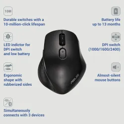 ASUS MW203 Multi-Device Wireless Silent Mouse, 2.4GHz with USB Nano Receiver, 2400 DPI Optical Tracking