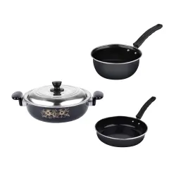 ATEVON 3-Piece Cast Iron Cookware Set (Kadai, Saucepan, Fry Pan)