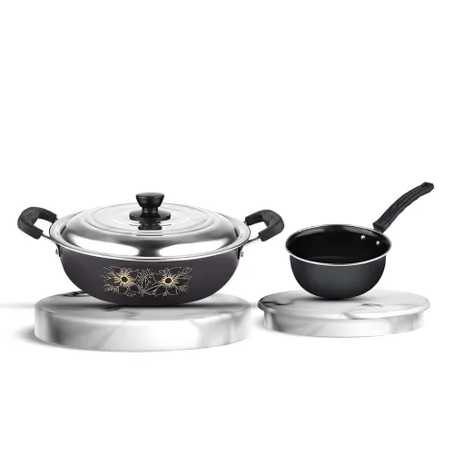 Image of ATEVON Black Non-Stick Big Tadka Kadai with Lid - 26 cm