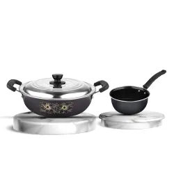 ATEVON Black Non-Stick Big Tadka Kadai with Lid - 26 cm