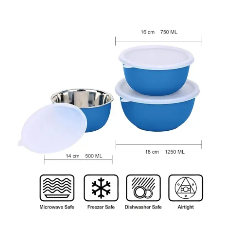 Image of ATEVON Blue Euro Stainless Steel Bowl Set – 3 Pcs, Microwave-Safe
