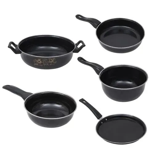 Image of ATEVON Cast Iron Enamel 5-Piece Cookware Set in Black - Includes Kadhai, Tawa, Frying Pan, Tadka Pan, and Milk Pan - Ind