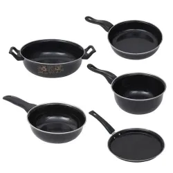 ATEVON Cast Iron Enamel 5-Piece Cookware Set in Black - Includes Kadhai, Tawa, Frying Pan, Tadka Pan, and Milk Pan - Ind