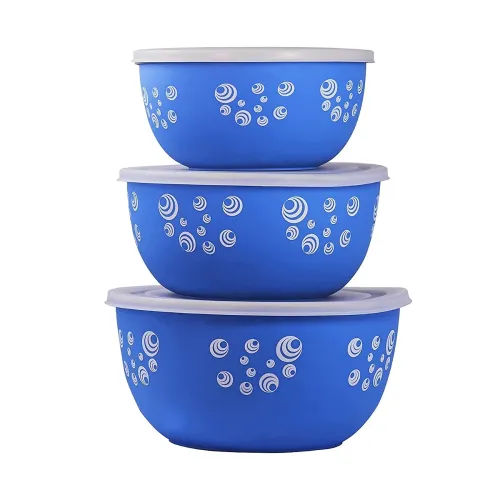 Image of ATEVON Designer Euro Bowl Set - Set of 3 Blue Stainless Steel Bowls - Microwave Safe, Elegant Design - Durable for Daily