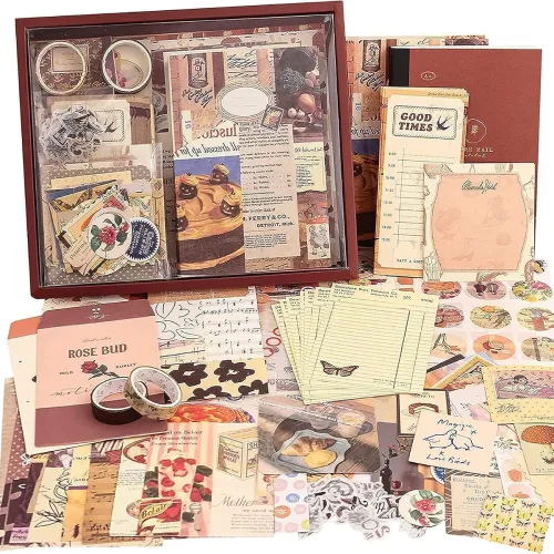 Image of ATIRAMANIYA Vintage Aesthetic Scrapbook Kit(346Pcs) Scrapbooking Supplies Kit with Bullet Junk Journal,Stationery,A6 Gri