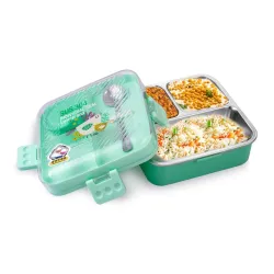ATTRO Meal Box 2 Layer Stainless Steel Lunch Box Comes with 1 Detachable Tray, 1 Small Container & 1 Spoon Ideal for Kids BPA Free 1120ml+70ml- Sea Green