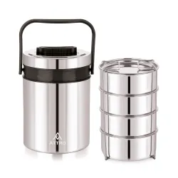 ATTRO 4-Tier Steel Tiffin Box – 1200ml, Leakproof, Grey