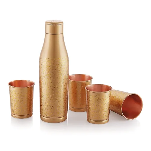 Image of Attro Amulya Elegant Designer Celebrations Copper Water Bottle & 4 Glass Set Leak Proof for Yoga, Gym, Home, Office - 1 