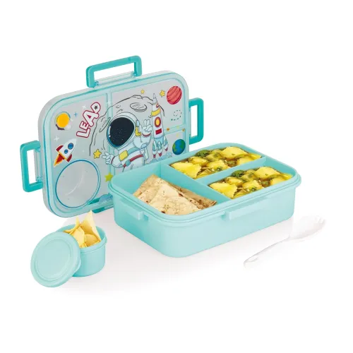 Image of ATTRO Arista Kids Plastic Lunch Box Astronaut Space Themed with 3 Compartment 1 Small Container Air-Tight Leakproof BPA 