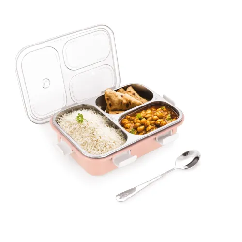 Image of ATTRO Bento 3 Compartment Stainless Steel Lunch Box with Steel Cutlery Inside