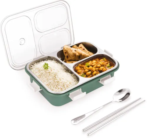 Image of ATTRO Bento 3 Compartment 1 Containers Stainless Steel College Lunch Box (750 ml)