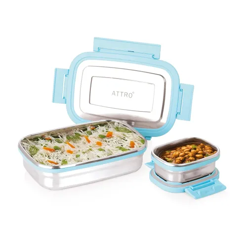 Image of ATTRO Click Eat Junior Stainless Steel Lunch Box with 1 Small Box Airtight Spill Proof BPA Free Ideal for Office, School