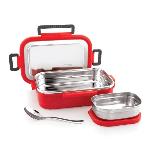 Image of Attro Click Style Stainless Steel Insulated Airtight Leak-Proof Lunch Box for Office, School, Picnic, 800 Ml- Red