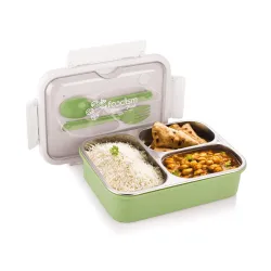 Attro Food 3 Compartment Stainless Steel Lunch Box 750ml Green Cutlery Set