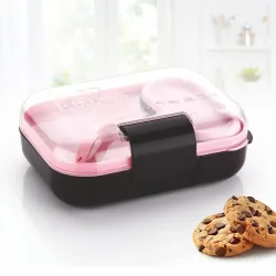 ATTRO Food Bite Kids Plastic Lunch Box – 3 Compartments, 1 Small Container & Spoon, with Stylish Lid BPA-Free, Freezer Safe, Ideal for School, Travel & Outdoor - Purple Pink-500ml