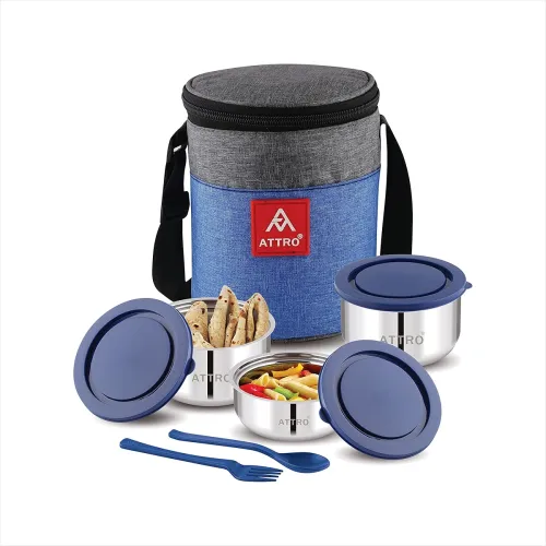 Image of Attro Fresho Stainless Steel Double Wall Lunch Box, Airtight & Leak Proof - 3 Containers with Bag, Fork & Spoon for Offi