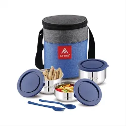Attro Fresho Stainless Steel Double Wall Lunch Box, Airtight & Leak Proof - 3 Containers with Bag, Fork & Spoon for Offi