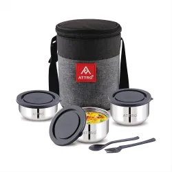 Attro Fresho Stainless Steel Double Wall Lunch Box 3 Containers with Bag