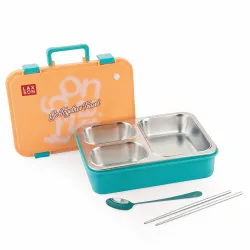 ATTRO Fun Bite Stainless Steel Lunch Box – 3 Compartment Bento Tiffin, Leak-Proof & Durable, Ideal for Kids & Adults, School, Office, Travel, Meal Prep, with Cutlery – 850-Orange Blue