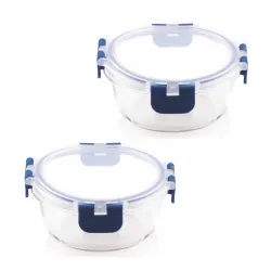 ATTRO Glassox Borosilicate Round Glass Lunch Box with PP Snap Lock Lid Food Storage Container Microwave & Freezer Safe Food-Grade Leak-Proof 400ml Set of 2, White