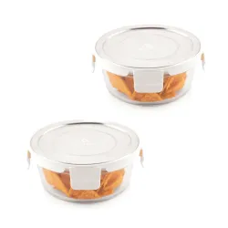 ATTRO Glassox Borosilicate Round Glass Lunch Box with Stainless Steel Lid Food Storage Container Microwave & Freezer Safe BPA-Free Food-Grade SO2 400ml