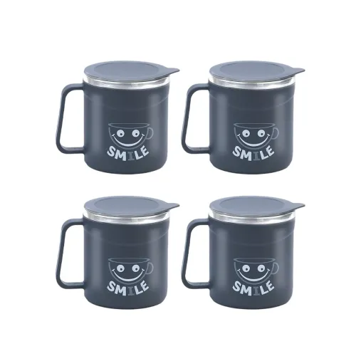 Image of ATTRO Happy Mug Set of 4-Comes with Double Wall Inner Stainless Still & Lid Stylish Cup Ideal for Hot Coffee, Tea - 300m
