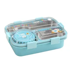 ATTRO Jupiter Lunch Box with 3 Inner Steel Compartment, 1 Small Container, 1 Spoon & Chopstick Air-Tight Leakproof Heat Water Insulation Design- 700ml+70ml Blue