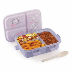ATTRO Joy Kins Plastic Lunch Box – 3 Compartment Bento Tiffin, Leak-Proof & Durable, Plastic Spoon, Ideal for Kids, Scho
