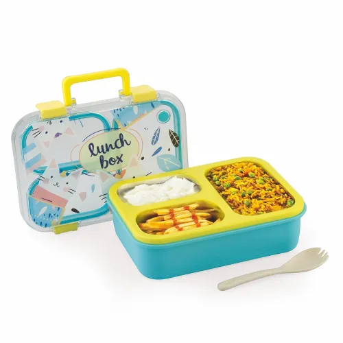 Image of ATTRO Kitty Kart Plastic Lunch Box 3 Compartment Bento Tiffin Ideal for Kids