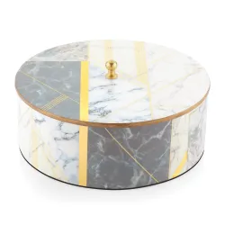 Attro Marble Gold Designer Wooden Lid Box Round Multipurpose Box with Lid for Kitchen Storage Box, Chapati Box, Chocolate Box