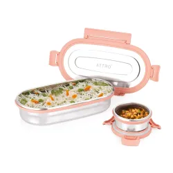 Attro Oval Stainless Steel Lunch Box with 1 Small Box Compact Design Airtight Leak Proof Lunch Box for Office, School, P