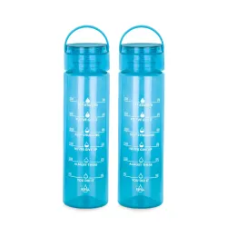 ATTRO Oxy Motivational 1000ml Water Bottle - Time Markers & Inspirational Slogans Mentioned Encourages More Water Intake, Easy-to-Carry Handle- Set of 2 Blue, Plastic