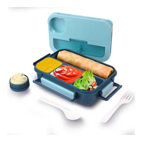 Image of ATTRO Plastic Proton 4 Compartment Lunch Box with Small Container & Spook, Fork Included Snap Lock Design Leak-Proof BPA