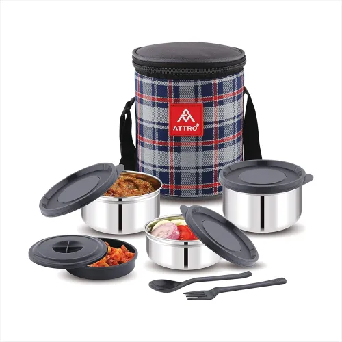 Image of Attro Prime Stainless Steel Single Wall Lunch Box, Airtight & Leak Proof - 4 Containers with Bag, Fork & Spoon for Offic