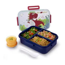ATTRO Quick 3 Lunch Box Dinosaur Theme with Includes 3 Compartments, 1 Small Container & Baby Spoon, BPA-Free, Food-Grad