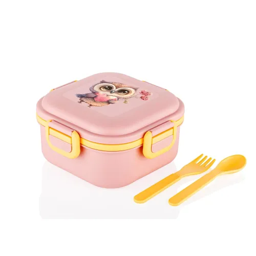 Image of ATTRO Quick Bite Owl Love LUN Box with 3 Compartment Fork & Spoon BPA Free Food Grade Ideal for Kids School, Picnic & Ou