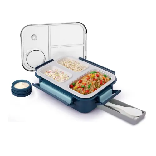 Image of ATTRO Smart 3 Compartment Lunch Box with Small Container Spoon & Fork Included Four Side Snap Lock Breathable Button Des